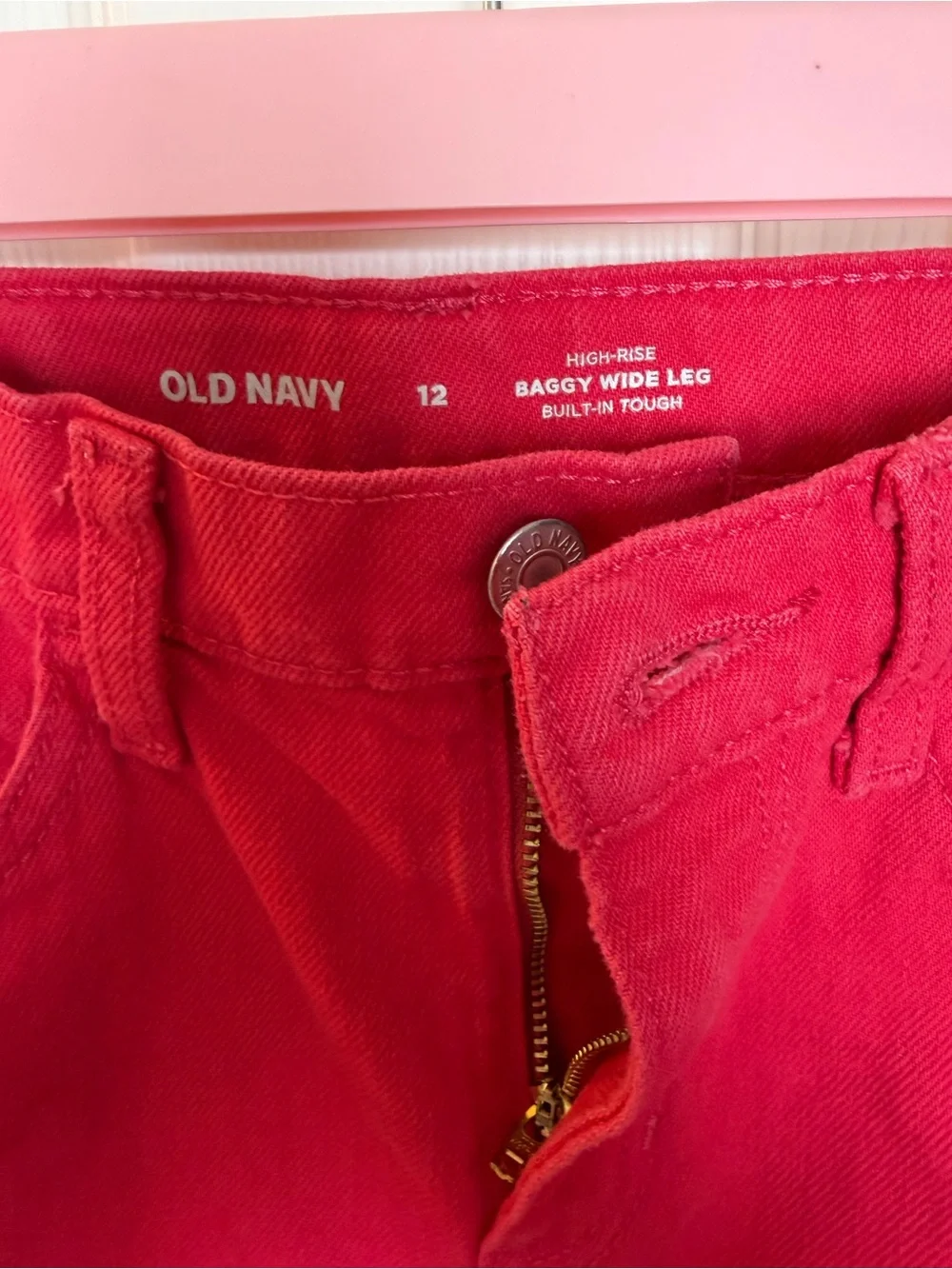 Old Navy Girls High Rise Baggy Wide Leg Jeans Pink Adjustable Waist Size 12